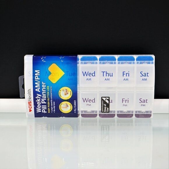 CVS Health Weekly AM PM Pill Planner Easy Push Button Lids NEW SEALED - Picture 1 of 9